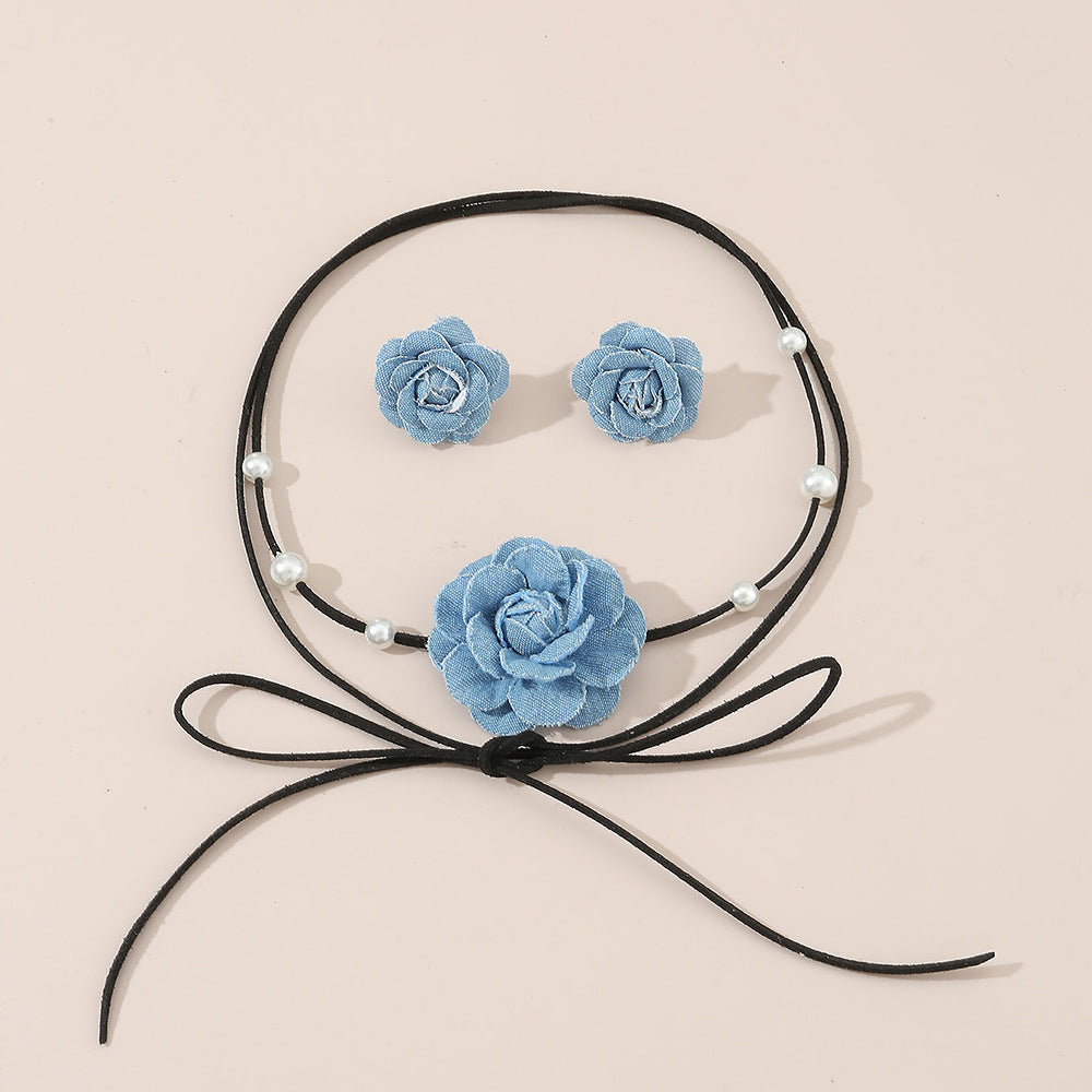 Wholesale Denim Camellia Beaded Strap Necklace Earrings Set